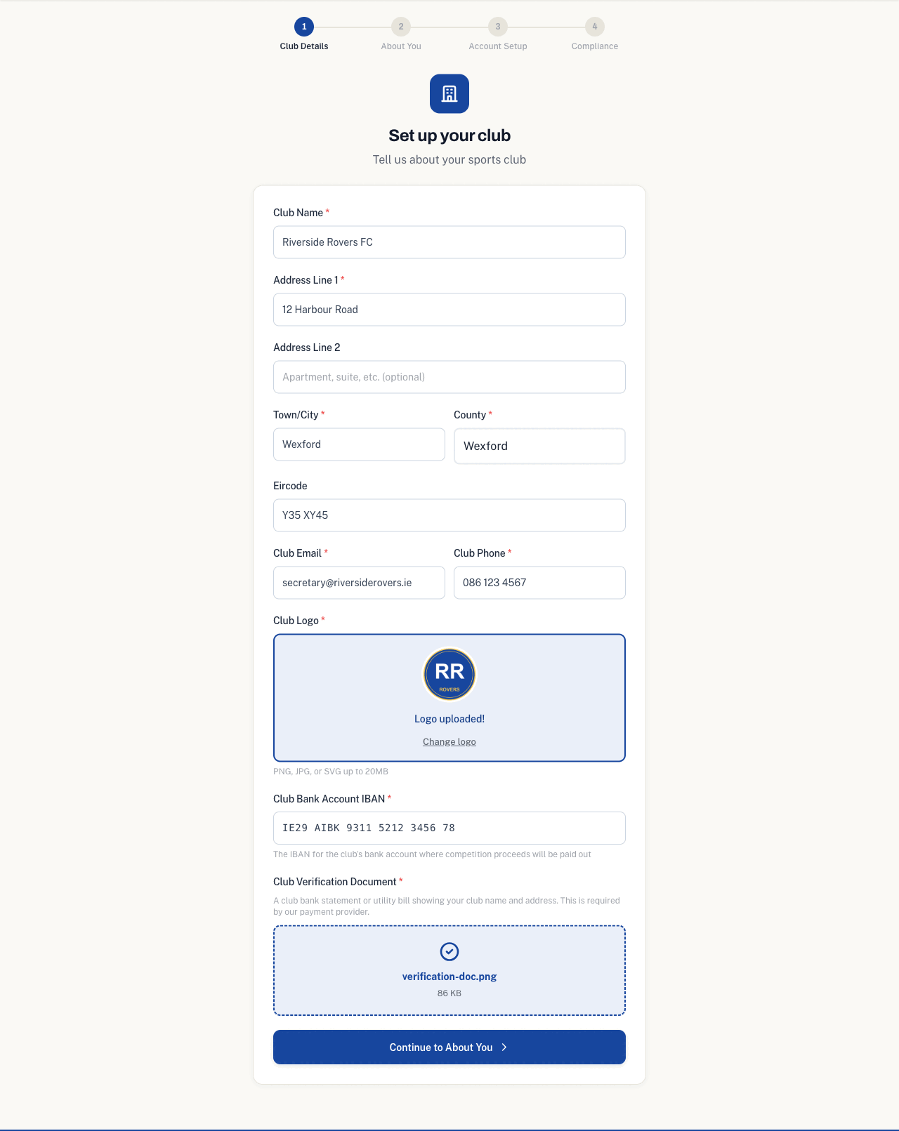 The club details step of the setup wizard