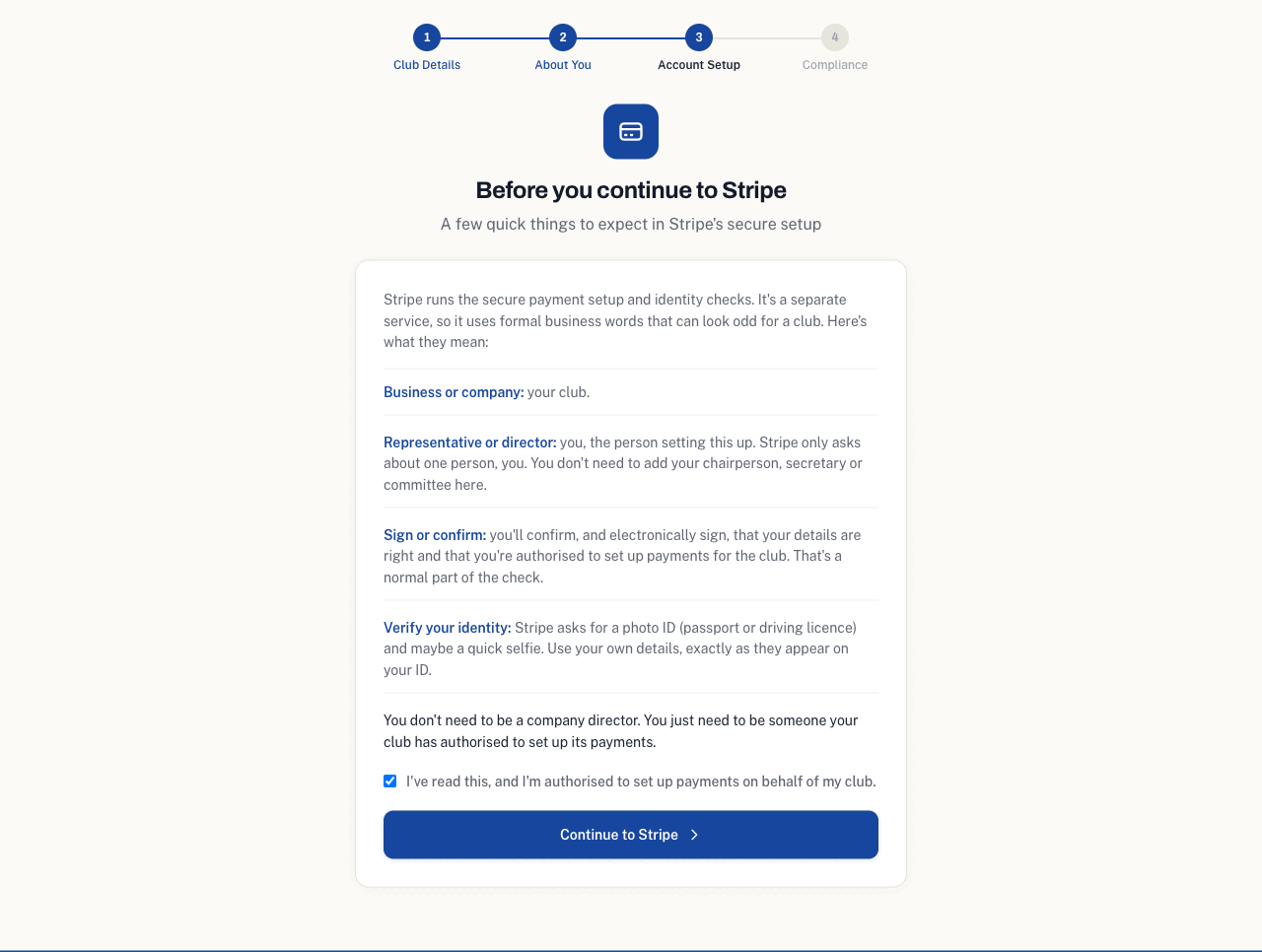 The plain-language explainer before continuing to Stripe
