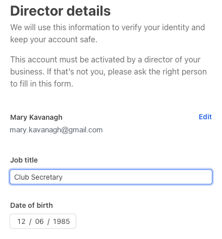 Stripe's director details step, already filled in with your name