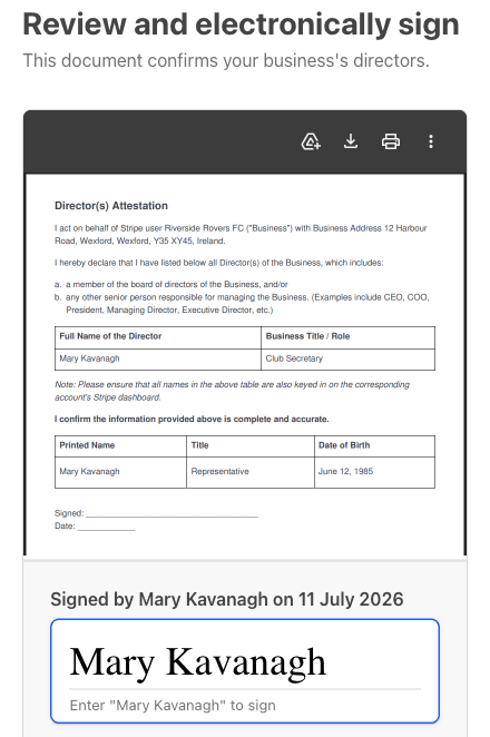 The director declaration you sign on Stripe