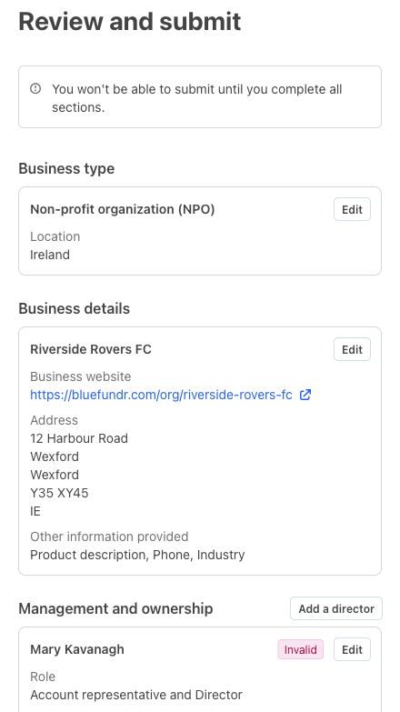 Stripe's review page, with the identity check still to complete
