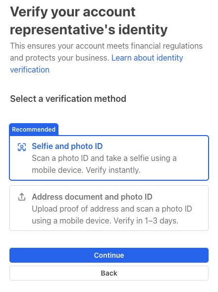 Stripe's identity verification step, asking for a photo ID and selfie