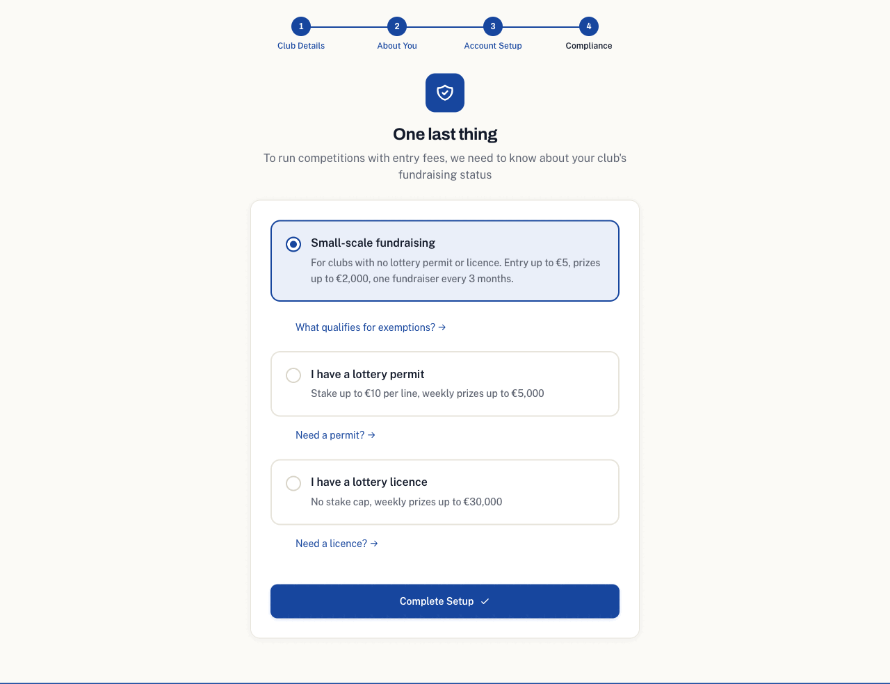 The fundraising status step of the setup wizard