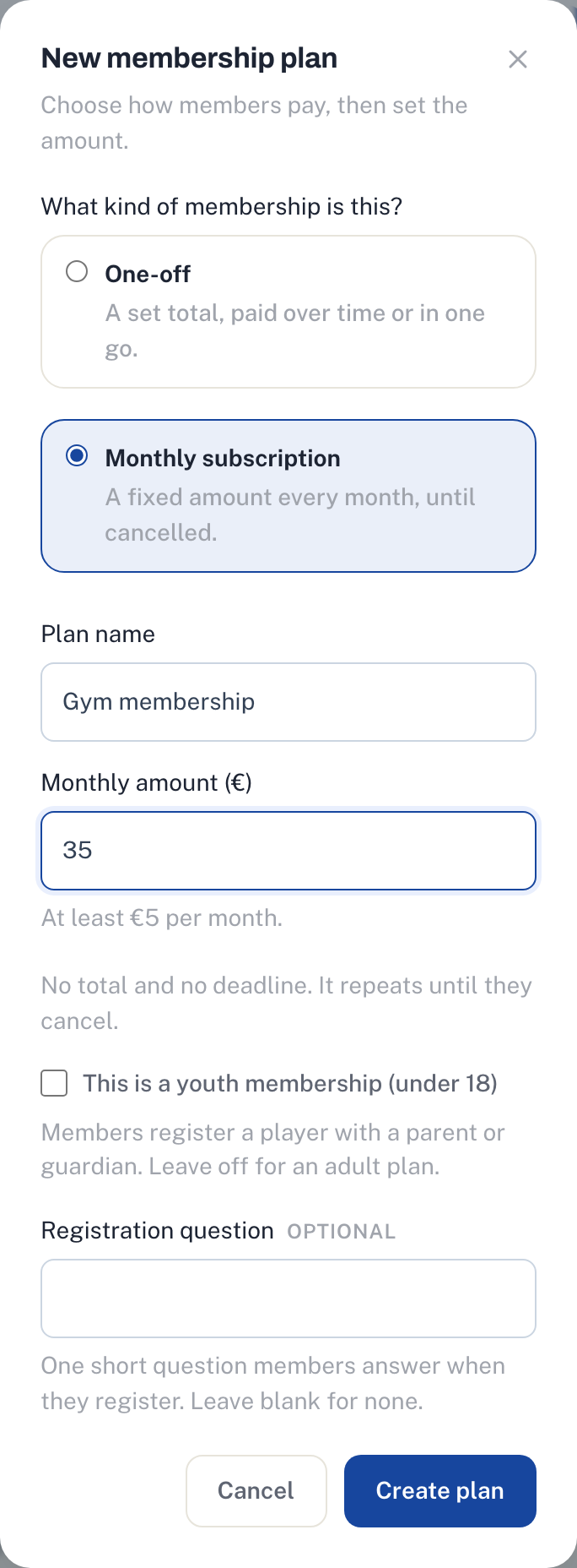 The plan form with Monthly subscription chosen