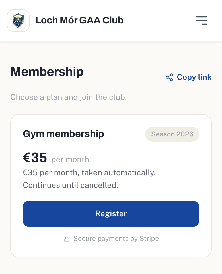 The gym membership on the club page