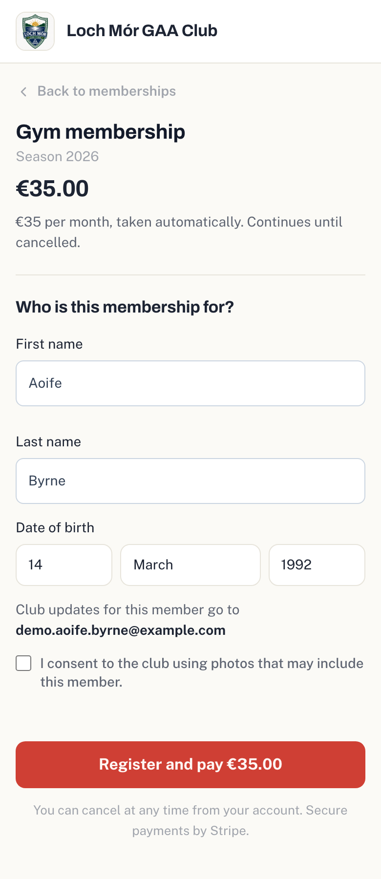 The page a member sees when they register