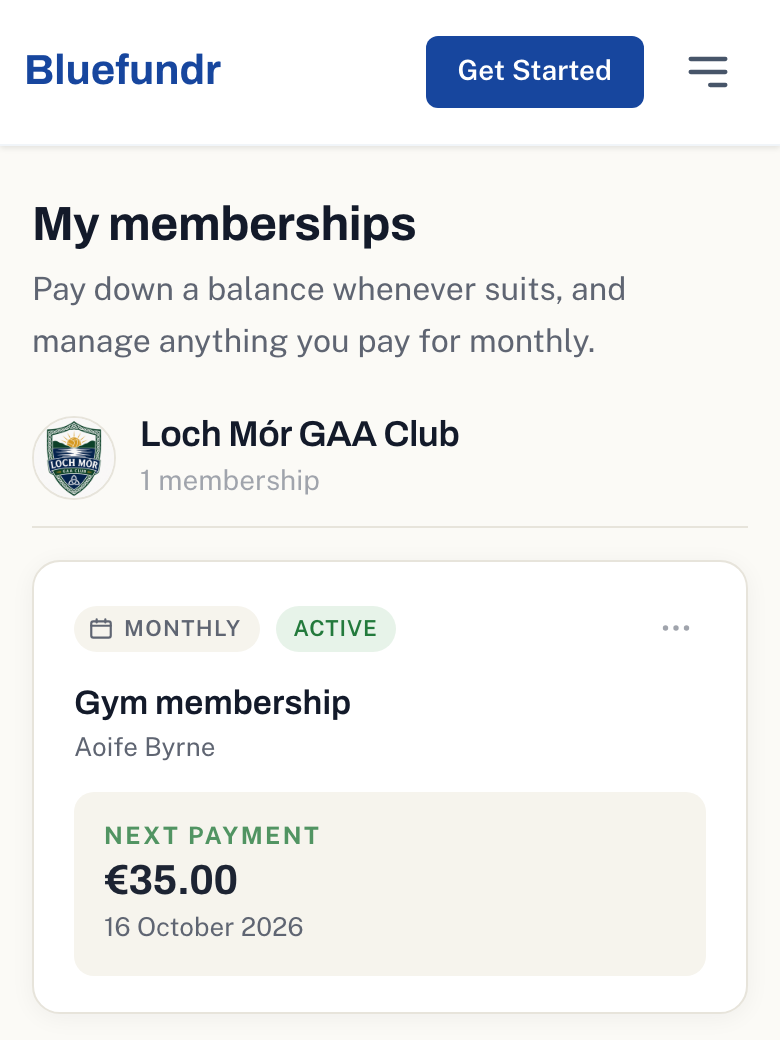 A member's gym membership in their account, showing the next payment and the options menu