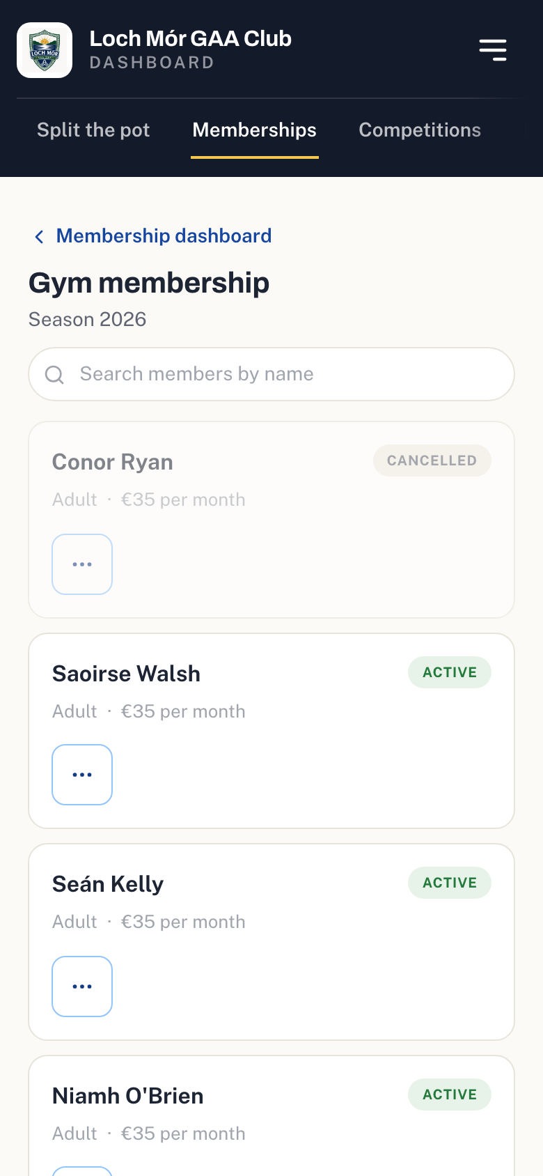 The roster for a gym membership plan