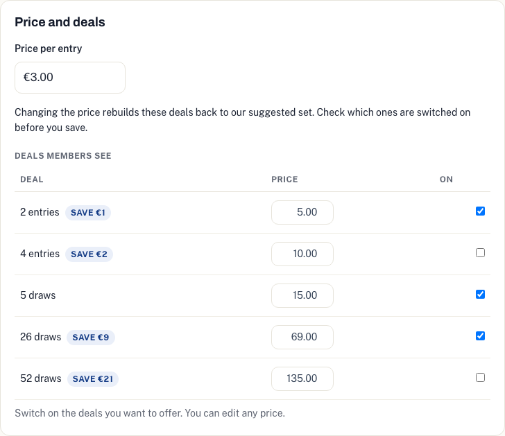 The price and deals section of the setup page