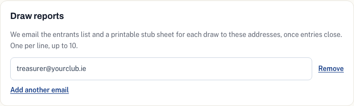 The draw reports section of the setup page