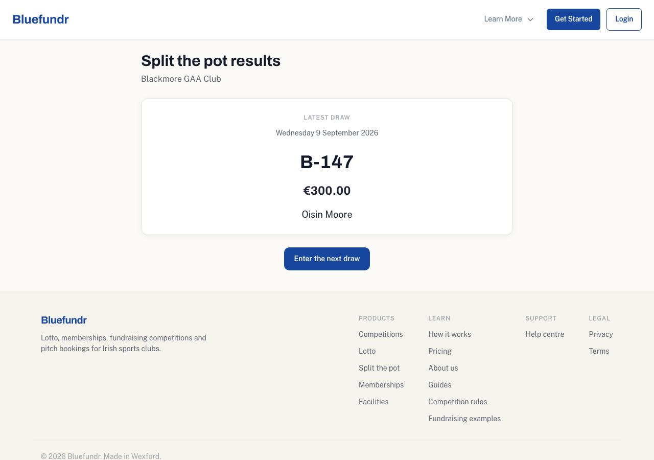 The public results page showing the winner and the winner's half