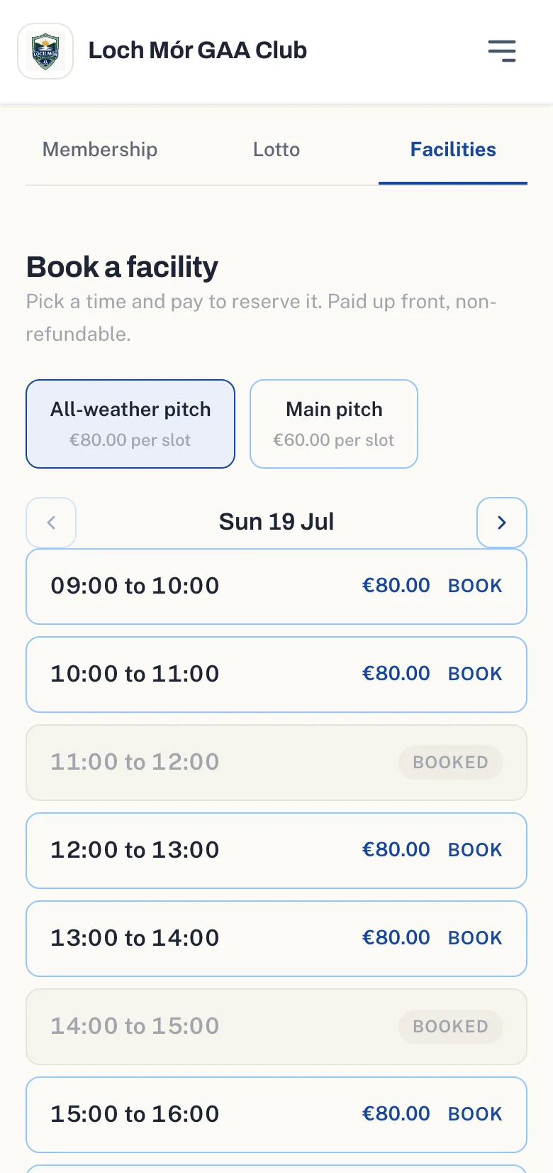 The public booking screen