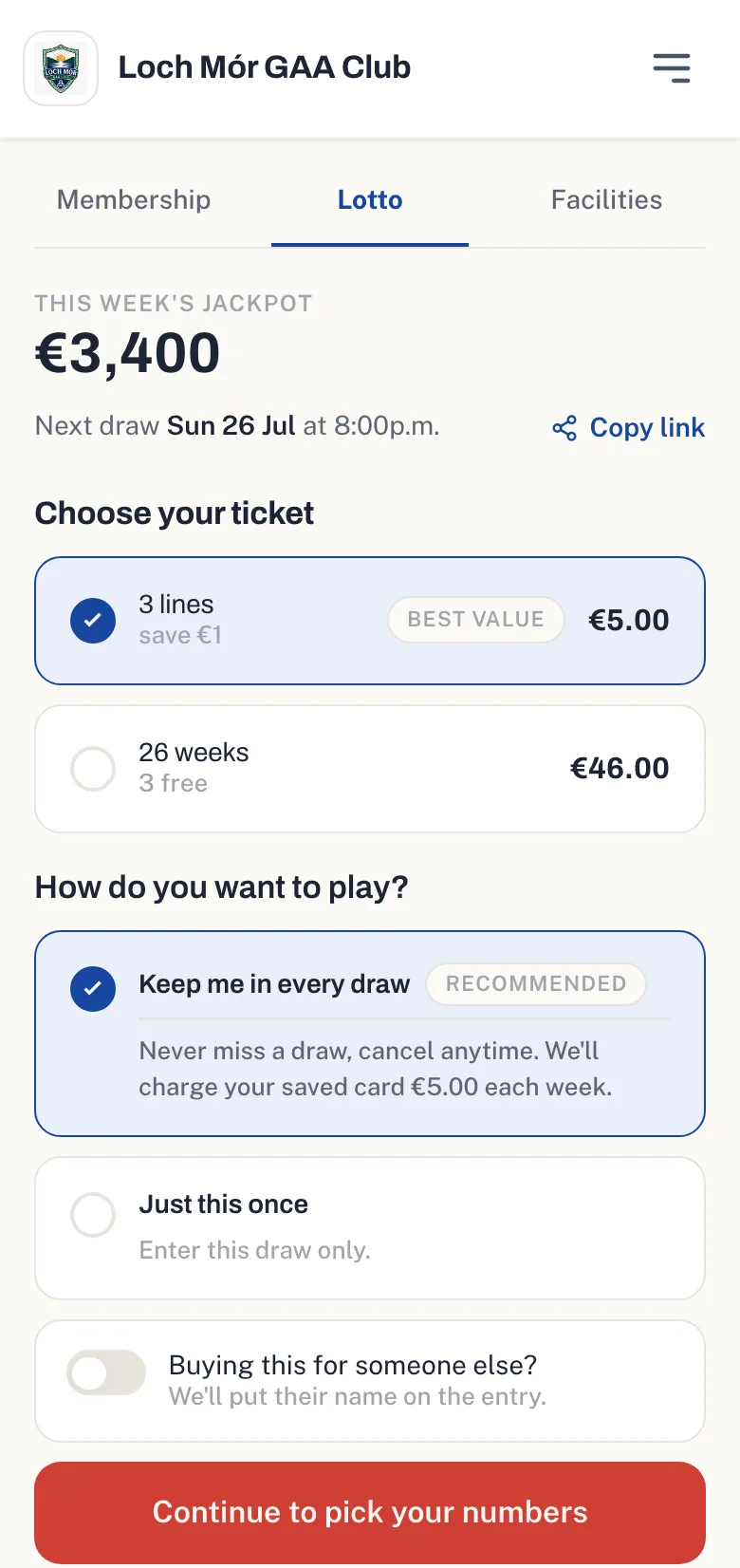The lotto play screen