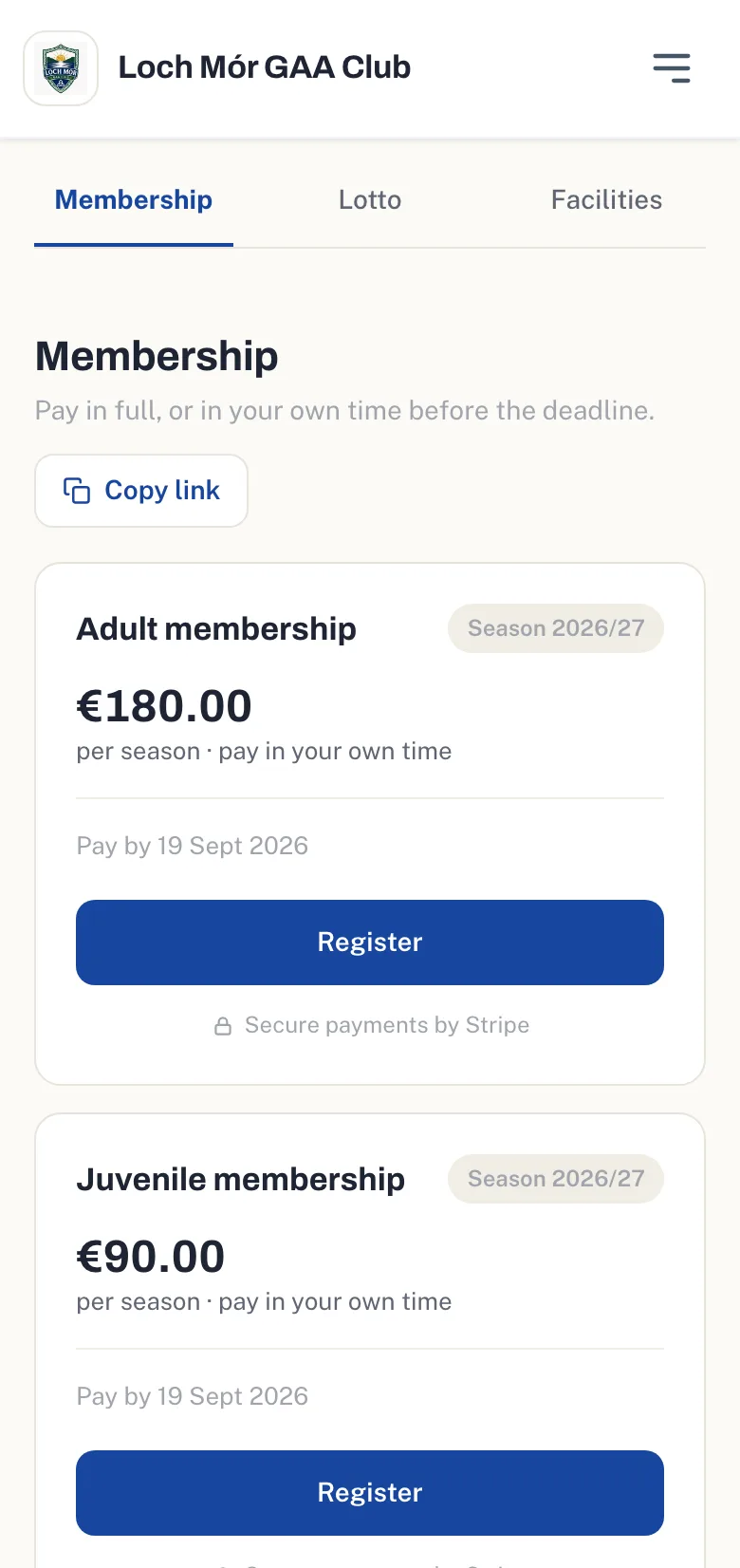 The membership plans screen